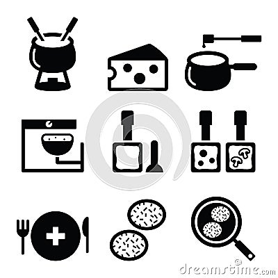 Swiss food and dishes icons - fondue, raclette, rÃ¶sti, cheese Stock Photo