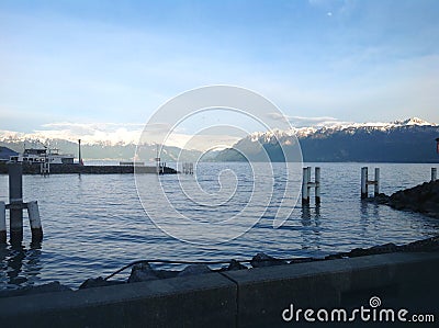 Swiss Lake snow on mountains Editorial Stock Photo