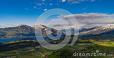 Swiss Mounain Panorama with Lake Thun Stock Photo