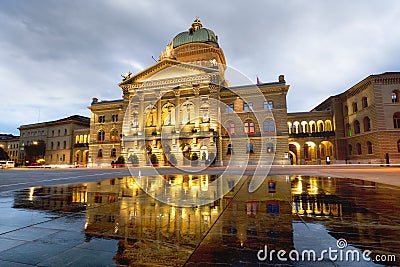 Swiss Parliament Building Bundesplatz at night. Bern. Switzerland Stock Photo