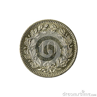 10 swiss rappen coin 2008 obverse isolated on white background Stock Photo