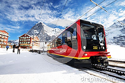 Swiss ski Alpine mountain resort with famous Eiger, Monch and Ju Editorial Stock Photo