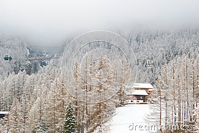 Traditional alpine house in the coniferous forest, Swiss ski resort Stock Photo