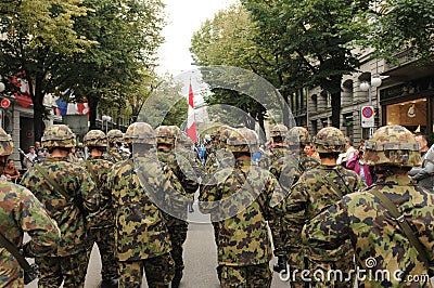 Swiss soldier parade at the Swiss National Day Parade in ZÃ¼rich-City Editorial Stock Photo