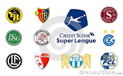 Swiss Super League 2022-2023. Zrich, Basel, BSC Young Boys, Lugano, St. Gallen, Servette, Sion, Grasshopper Club Zrich, Luzern, Vector Illustration