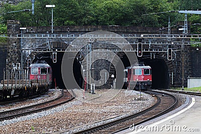 Swiss Train Coming Out From Gotthard Tunnel Stock Photo