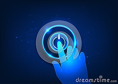 Switch on technology with a hand pushing the switch button on the back, there are elements of lines and there is light coming out Vector Illustration