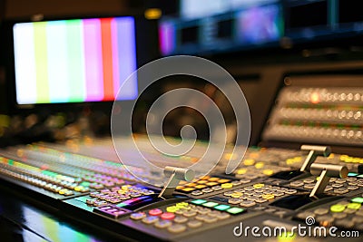 Switcher buttons in studio TV station, Audio and Video Production Switcher of Television Broadcast. Stock Photo