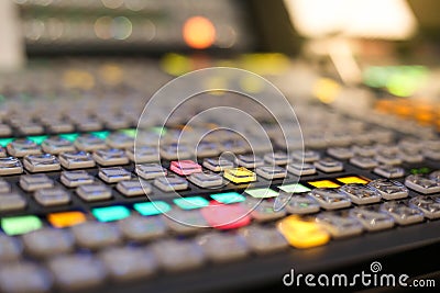 Switcher buttons in studio TV station, Audio and Video Production Switcher of Television Broadcast. Stock Photo