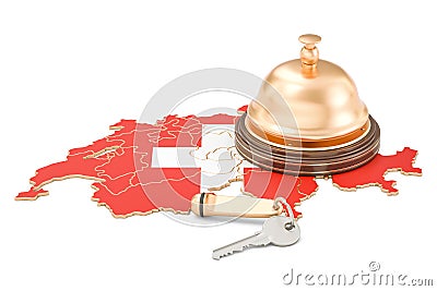 Switzerland booking concept. Swiss flag with hotel key and reception bell, 3D rendering Stock Photo