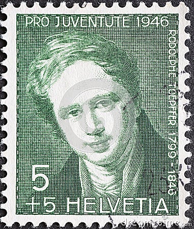 Switzerland - Circa 1946: a postage stamp printed in the Switzerland showing a portrait of the painter and writer Rodolphe Toepffe Editorial Stock Photo