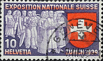 Switzerland - Circa 1939: a postage stamp printed in the Switzerland showing some Swiss people who are bringing their work to the Editorial Stock Photo