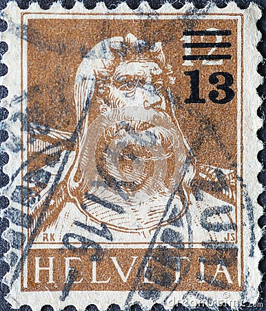 Switzerland - Circa 1921 : a postage stamp printed in the Switzerland showing the Swiss national hero: Wilhelm Tell with a full be Editorial Stock Photo