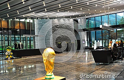 Switzerland: The FIFA-Football world cup trophy exhibited at the Headquarter in ZÃ¼rich Editorial Stock Photo