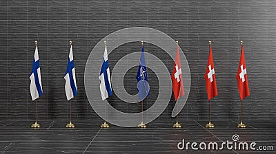 Switzerland and Finland to join NATO. Flag Finland, flag Switzerland and flag NATO. NATO Summit. 3D work and 3D illustration. Cartoon Illustration