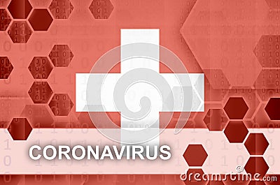 Switzerland flag and futuristic digital abstract composition with Coronavirus inscription. Covid-19 outbreak concept Stock Photo