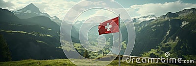 Switzerland flag proudly waving over breathtaking snowy mountain landscape with clear blue sky Stock Photo