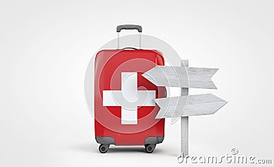 Switzerland flag travel suitcase with wooden guide signpost. 3D Render Stock Photo