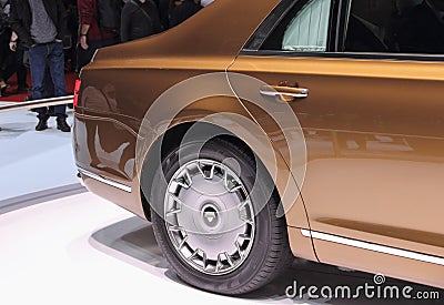 Switzerland; Geneva; March 10, 2019; Aurus Senat S600 right rear wheel; The 89th International Motor Show in Geneva from 7th to Editorial Stock Photo