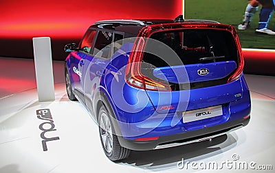 Switzerland; Geneva; March 9, 2019; KIA e Soul, rear side; The 89th International Motor Show in Geneva from 7th to 17th of March, Editorial Stock Photo