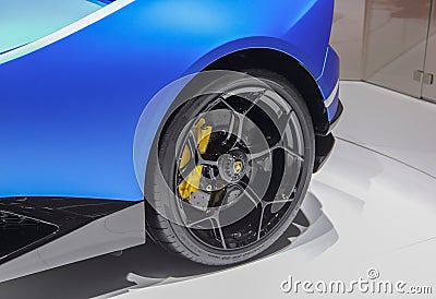 Switzerland; Geneva; March 8, 2018; The Lamborghini Huracan Performante Spyder rear left wheel; The 88th International Motor Show Editorial Stock Photo