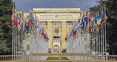 Switzerland; Geneva; March 9, 2018; The rows of the United Nations member states flags in front of the United Nations Office in G Editorial Stock Photo