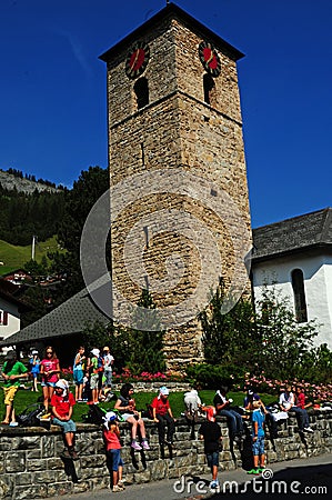 The historic church in Adelboden from the 12. century in the Swiss Alps Editorial Stock Photo