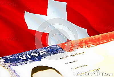 Switzerland immigration document close up. Passport visa on Switzerland flag. Switzerland visitor visa in passport,3D rendering. Stock Photo