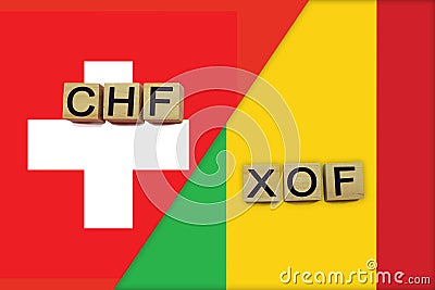 Switzerland and Mali currencies codes on national flags background Stock Photo