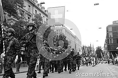 Swiss soldier parade at the Swiss National Day Parade in ZÃ¼rich-City Editorial Stock Photo