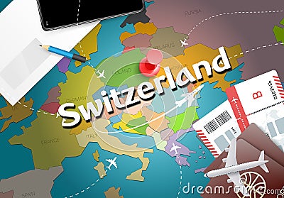 Switzerland travel concept map background with planes,tickets. V Stock Photo