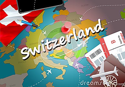 Switzerland travel concept map background with planes,tickets. V Stock Photo