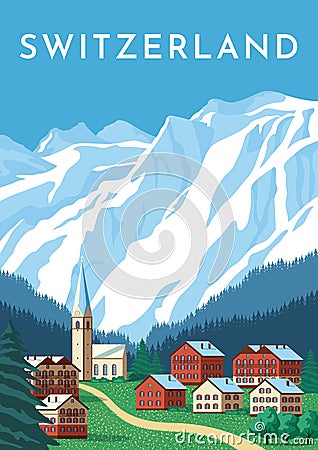 Switzerland travel retro poster, nature vintage banner. Summer Alps landscape, mountain Austria village. Flat vector illustration Vector Illustration