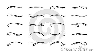 Swoosh line vector icon, underline swish, stroke swash swirl, curly hand drawn text calligraphic brush tail, black fireworks set Vector Illustration