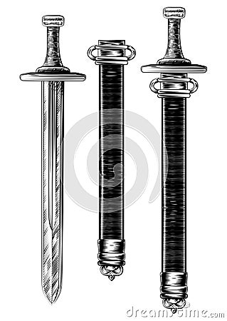 Sword Engraved Woodcut Etching Illustration Vector Illustration