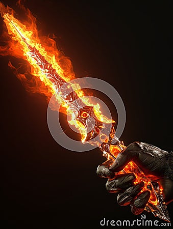 Fire sword in a male warriors hand. AI Stock Photo