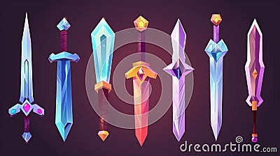 The sword of a knight, king or warrior with magic runes and gems in it. Modern cartoon set of fantasy dagger, knife and Stock Photo