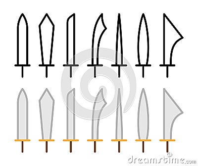 Sword pictogram set. Simple outline ancient weapon icons. Vector symbols. Vector Illustration