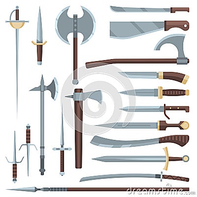 Sword vector medieval ancient weapon of knight with sharp blade and pirates knife illustration broadsword set of steel Vector Illustration