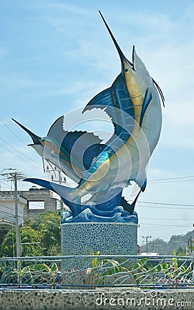 Swordfish marlin fish pez vela sculpture on the street in a town by the beach outside a restaurant bar hotel Stock Photo