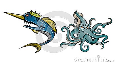 Swordfish and octopus Vector Illustration