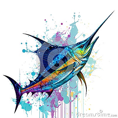 A swordfish vibrant colorful illustration speeding through the water, on white background Cartoon Illustration