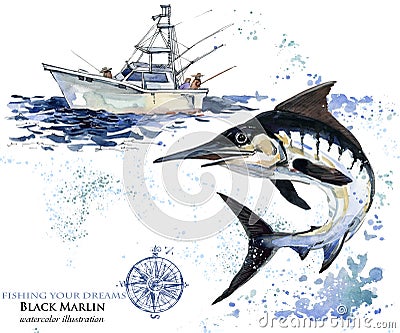 Swordfish. watercolor Marlin illustration. Cartoon Illustration