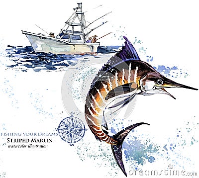 Swordfish. watercolor Marlin illustration. Cartoon Illustration