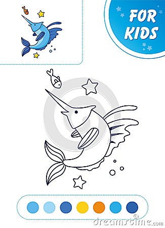 Swordfish xiphias. Cute fish. Vector illustration coloring book for children Vector Illustration