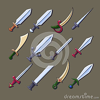 Swords and knives set for games and illustrations. Different types Vector Illustration