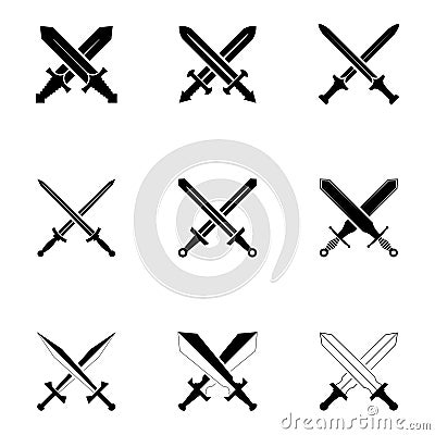 Swords Set. Collection of Crossed Knight Sword Ancient Weapon silhouettes Design Stock Photo