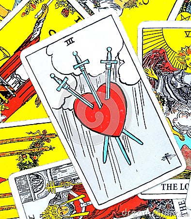 3 of Swords Tarot Card Heartbreak Tears Pain Deep Sadness Editorial Stock Photo