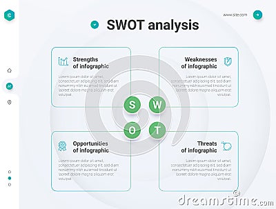 SWOT diagram with 4 rectangular elements.Comparative table, analysis of the advantages and disadvantages of the company. Vector Illustration