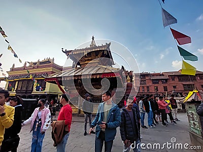 Syambhunath Temple, kathmandu, Nepal - 03.02.2023: Foreign tourists visiting the famous Syambhunath monkey temple which is the Editorial Stock Photo